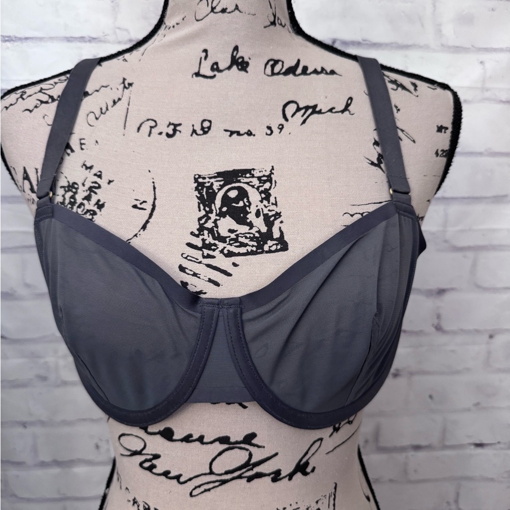 CUUP Bra 36D The Balconette Underwired Unlined Sheer Sexy Sheer Gray‎